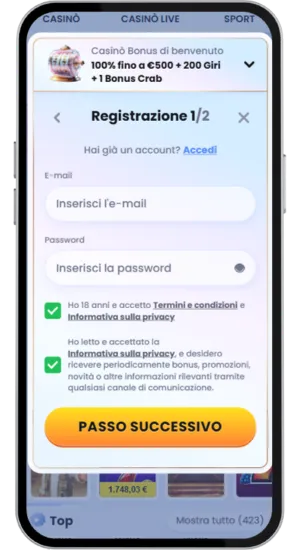 Schermata di registrazione e deposito in un casinò italiano
